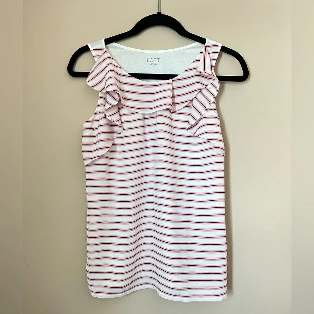 Loft striped ruffle neck business casual tank top blouse